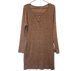 Womens Brown Ribbed Henley Mini Dress Long Sleeve Knit XXL NWOT